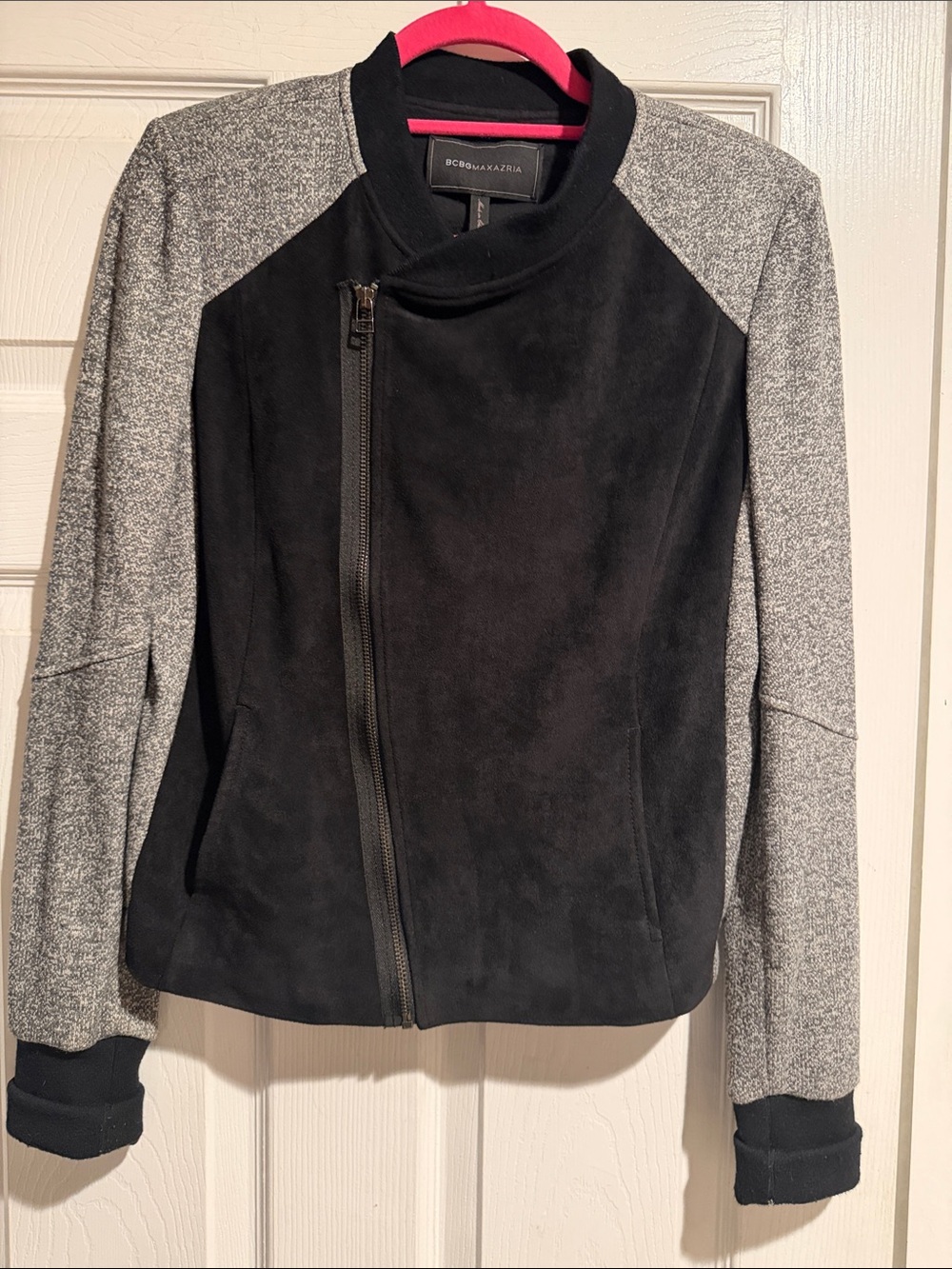 BCBGMaxAzria Black Front with Gray Sleeves Asymmetric Bomber Jacket